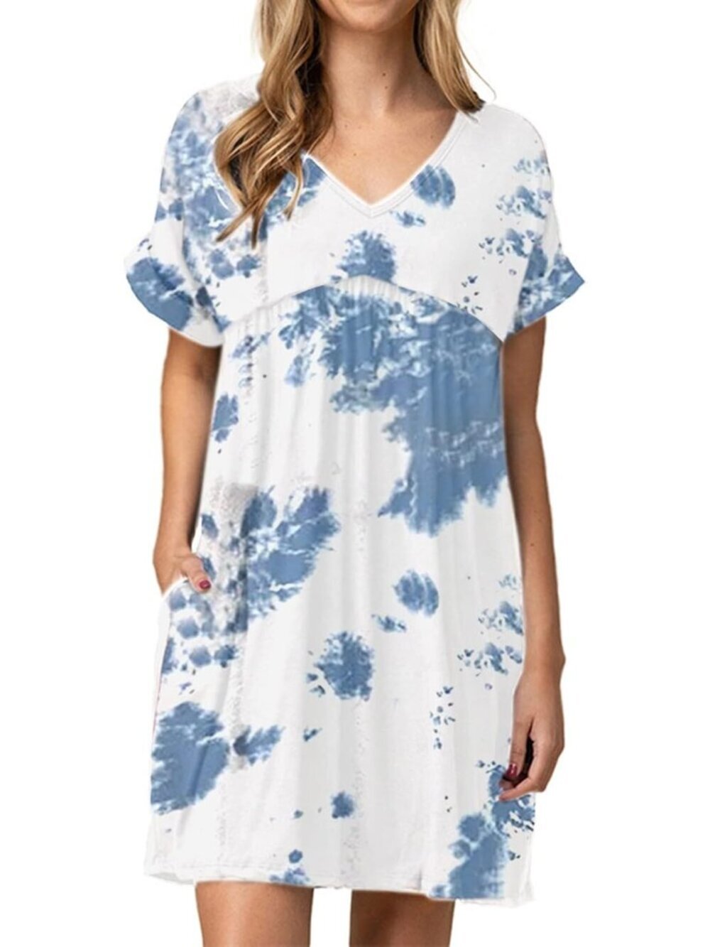 Women's Tie Dyed Print Tshirt Dress Casual Mini Tunic Ruched Summer Flowy Dress